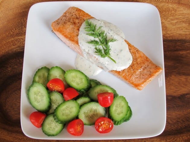 Seared Salmon with Creamy Dill Sauce - Recipe for crispy seared salmon topped with a creamy fresh dill sauce. Stove to table in 20 minutes. Healthy, gluten free, kosher for Passover.